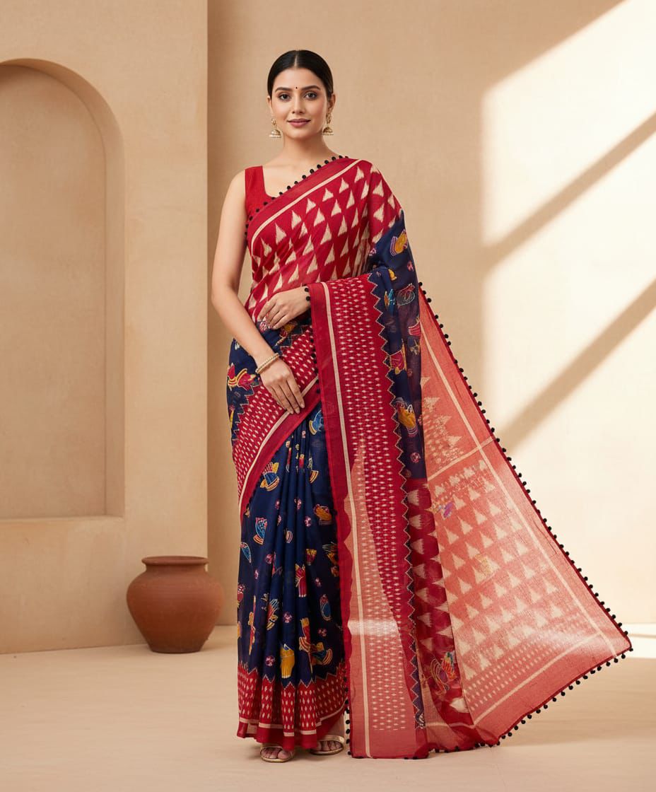 Elegant Navy Blue & Maroon Mul Mul Cotton Saree with Traditional Woven Motifs & Pum Pum Lace
