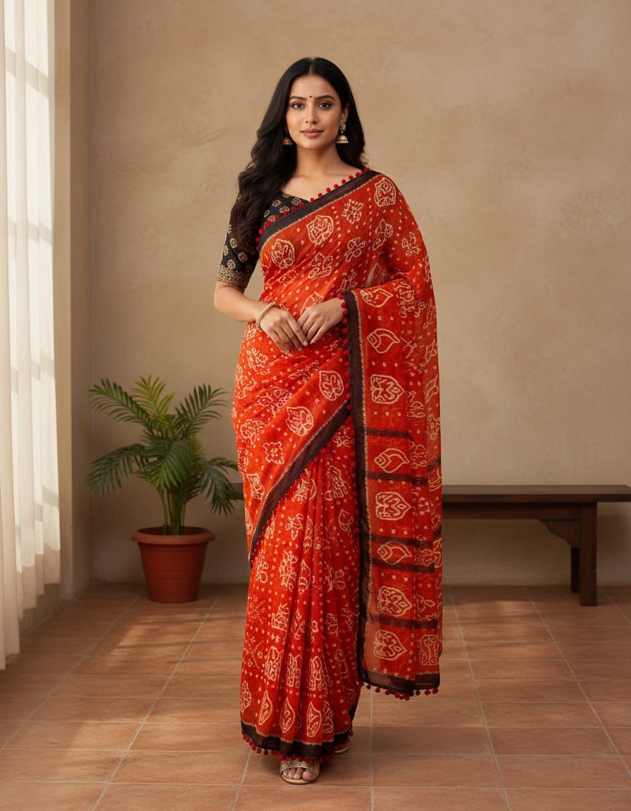 Elegant Rust Orange Mul Mul Cotton Saree with Traditional Hand Block Print & Pum Pum Lace