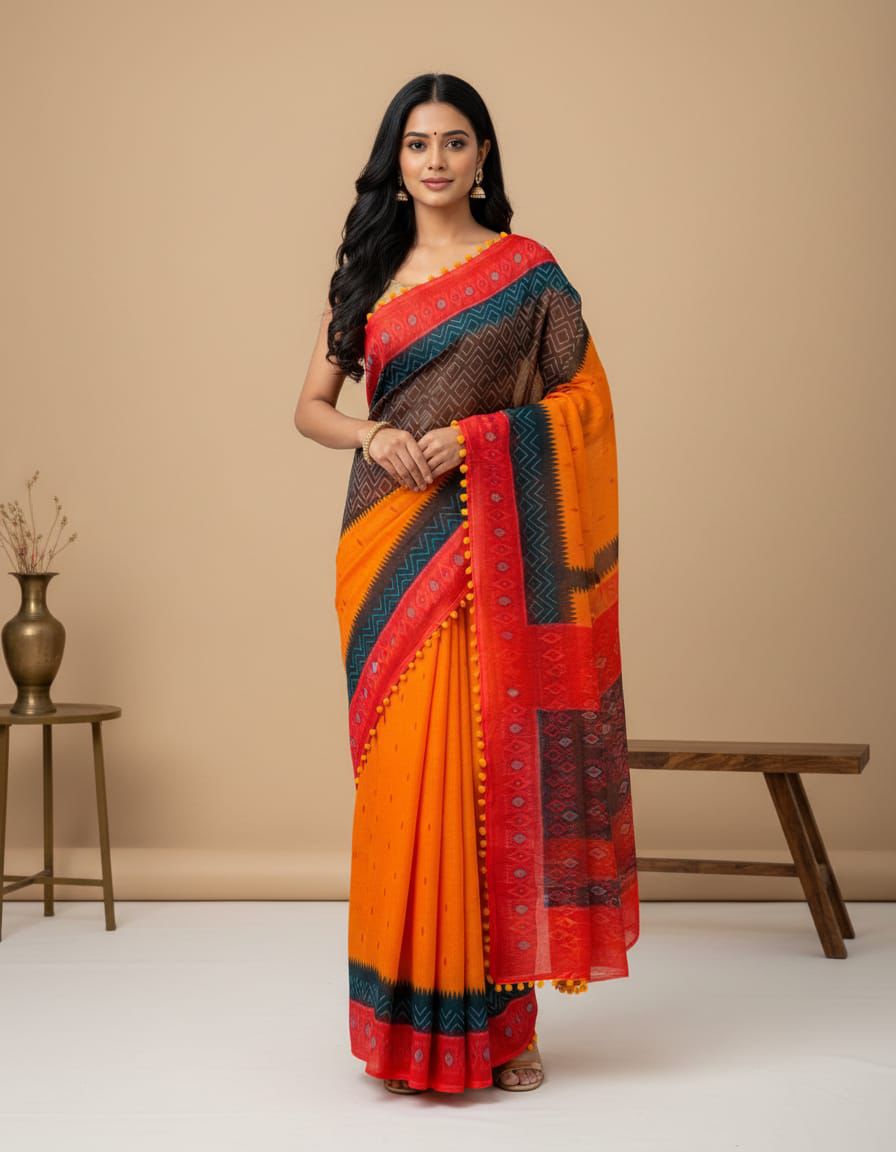 Elegant Mustard Mul Mul Cotton Saree with Black Geometric Border & Red Pallu | Pum Pum Lace