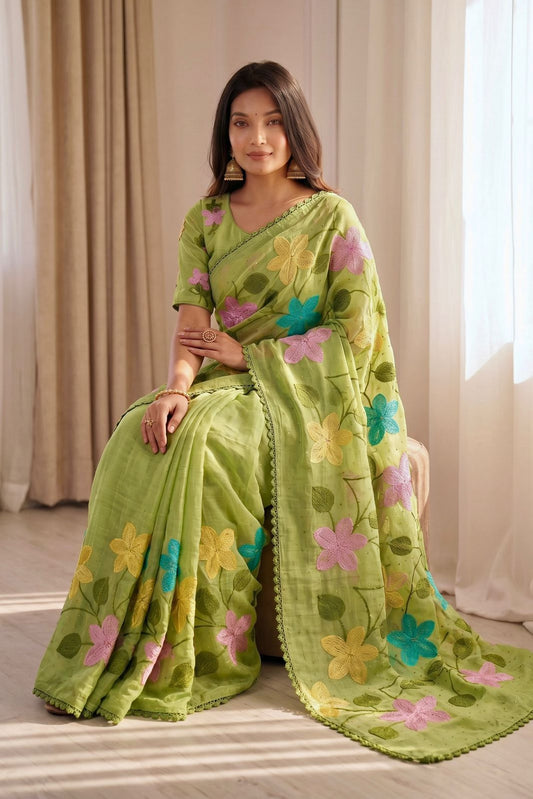 Florious Pistachio Green Viscose Crunchy Silk Floral Embroidered Designer Party Wear Saree with Swarovski Work