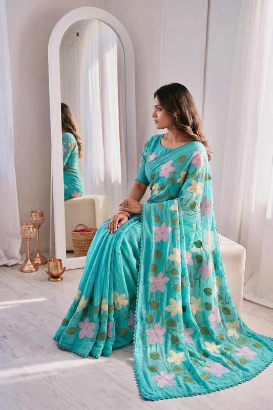 Florious Aqua Blue Viscose Crunchy Silk Floral Embroidered Designer Party Wear Saree with Swarovski Work