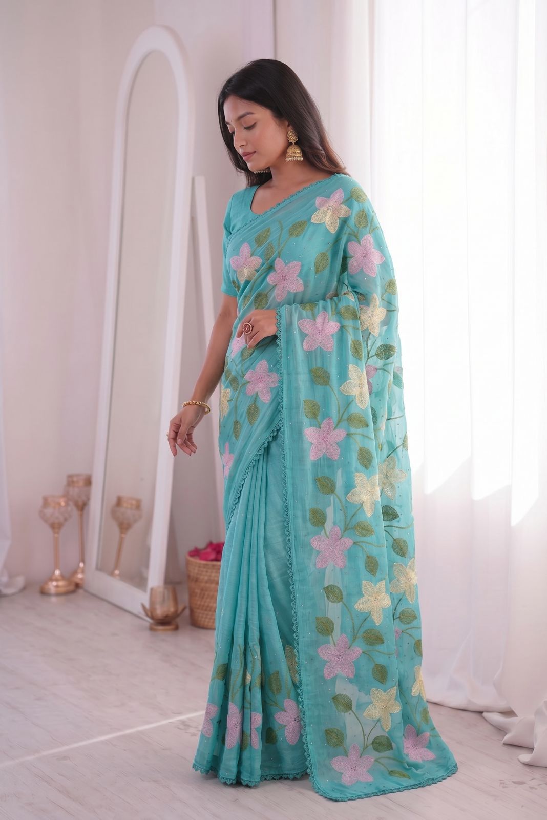 Florious Aqua Blue Viscose Crunchy Silk Floral Embroidered Designer Party Wear Saree with Swarovski Work