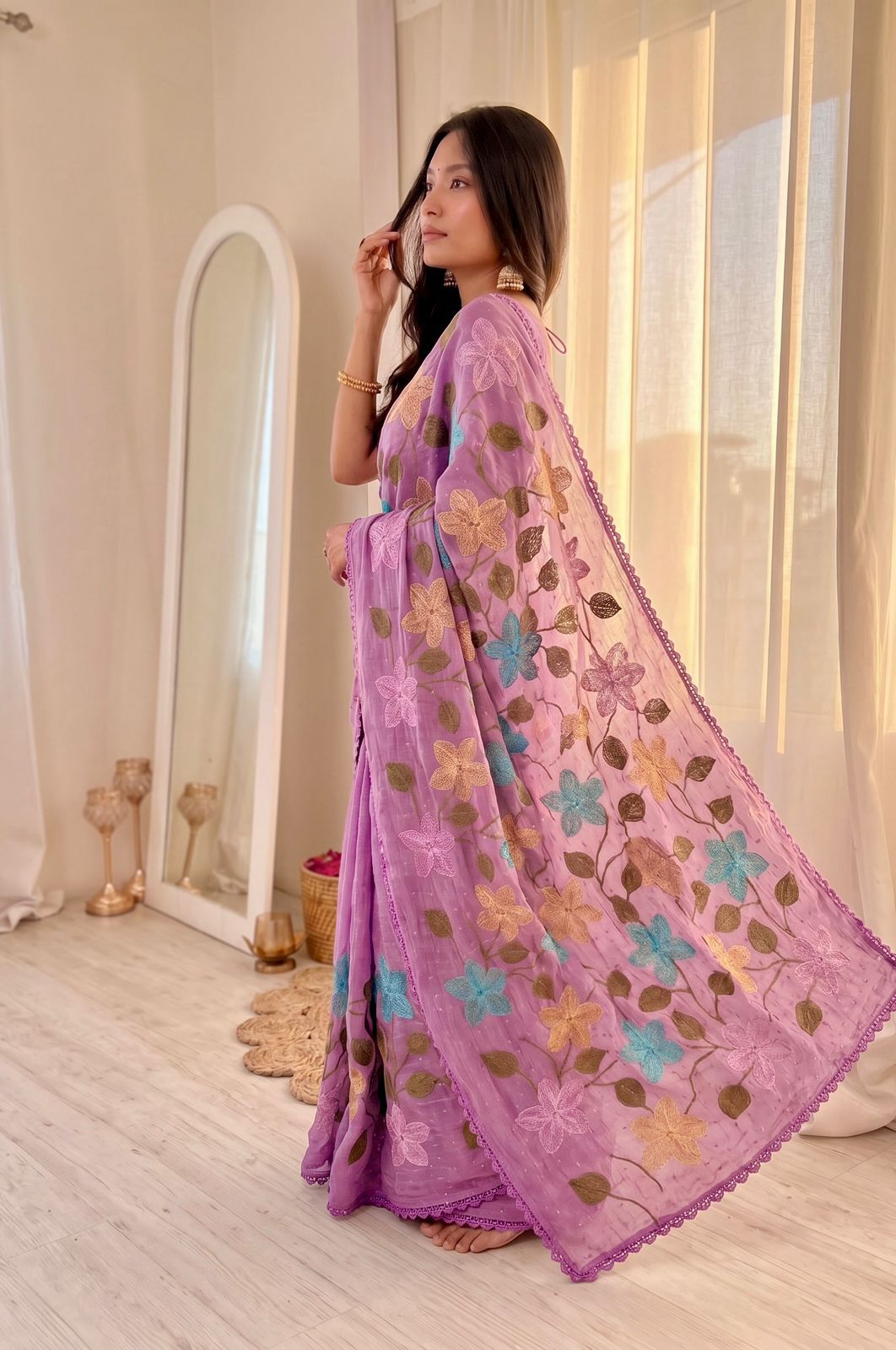 Florious Pink Viscose Crunchy Silk Floral Embroidered Designer Party Wear Saree with Swarovski Work