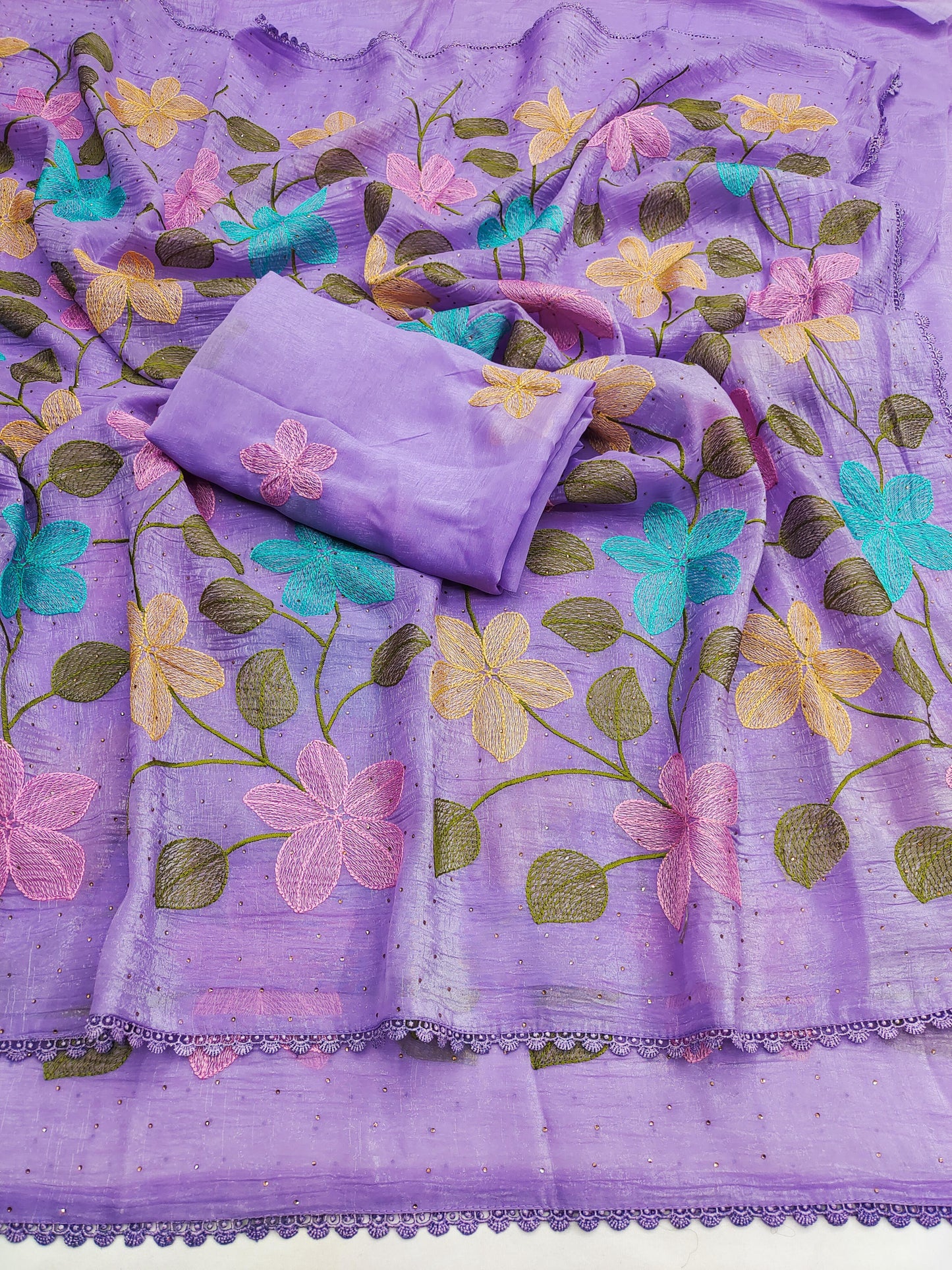 Lavender Florious Viscose Crunchy Silk Designer Saree with Floral Embroidery & Swarovski Diamond Work