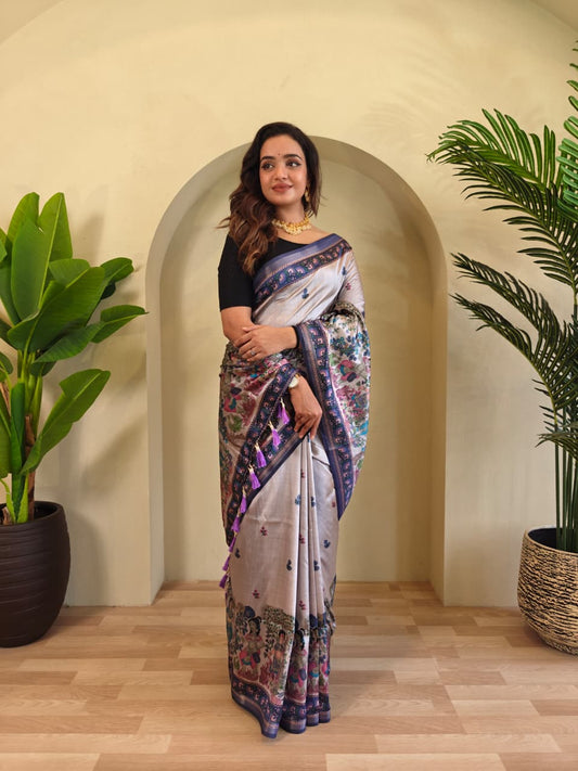Elegant Pearl Grey Pure Dola Viscose Saree with Kalamkari Digital Print & Zari Bord