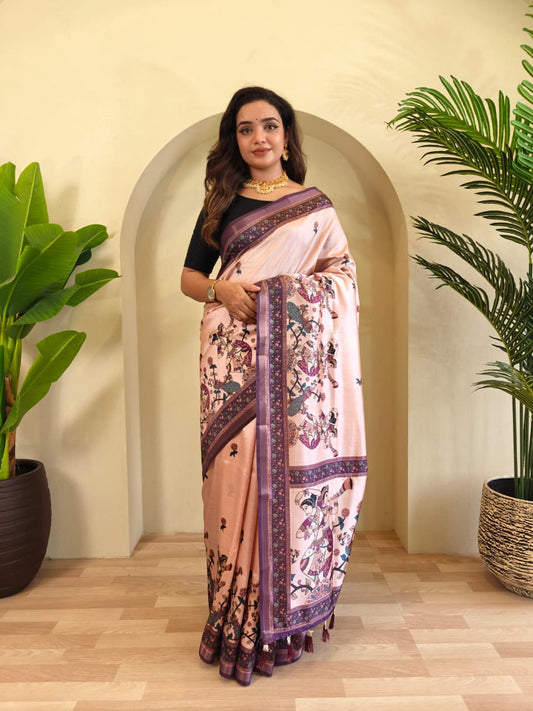 Elegant Blush Pink Pure Dola Viscose Saree with Kalamkari Digital Print & Zari Border