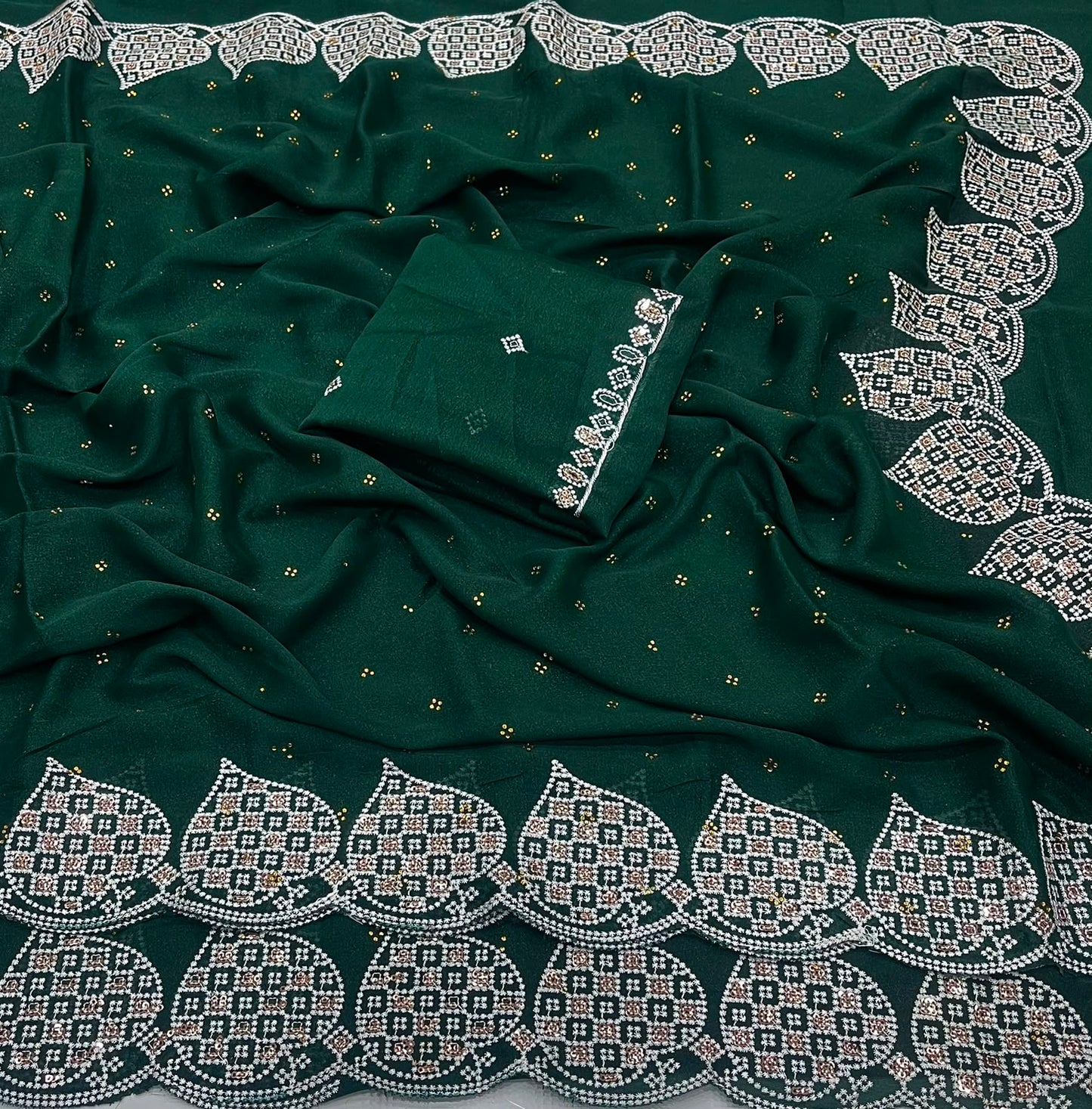 Emerald Green Star Georgette Silk Saree with Embroidered Zarkhan Border & Worked Blouse