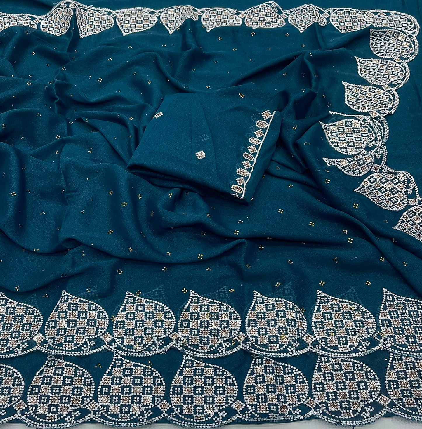 Elegant Teal Blue Star Georgette Silk Saree with Embroidered Zarkhan Border & Worked Blouse
