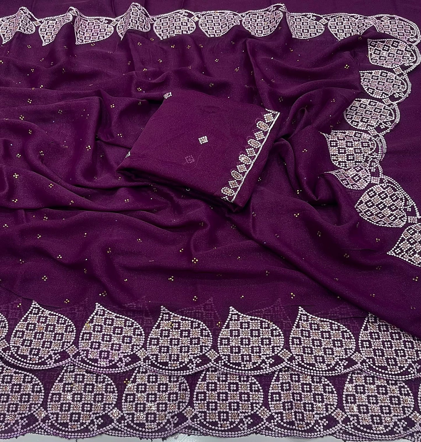 Royal Plum Star Georgette Silk Saree with Embroidered Zarkhan Border & Worked Blouse