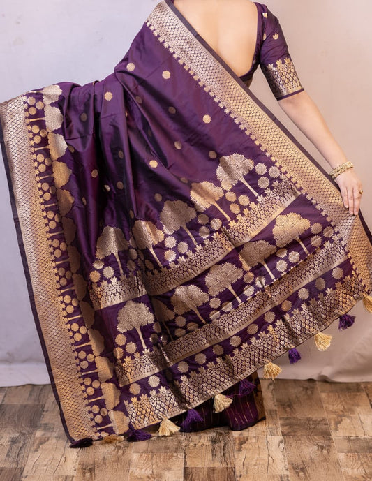 Soft Banarasi Silk Royal Purple Saree with Tree Zari Weaving