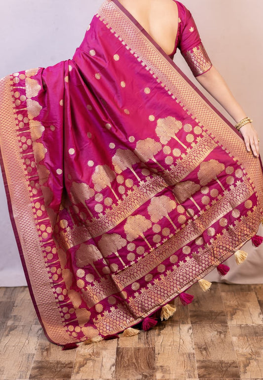 Soft Banarasi Silk Rani Pink Saree with Tree Zari Weaving