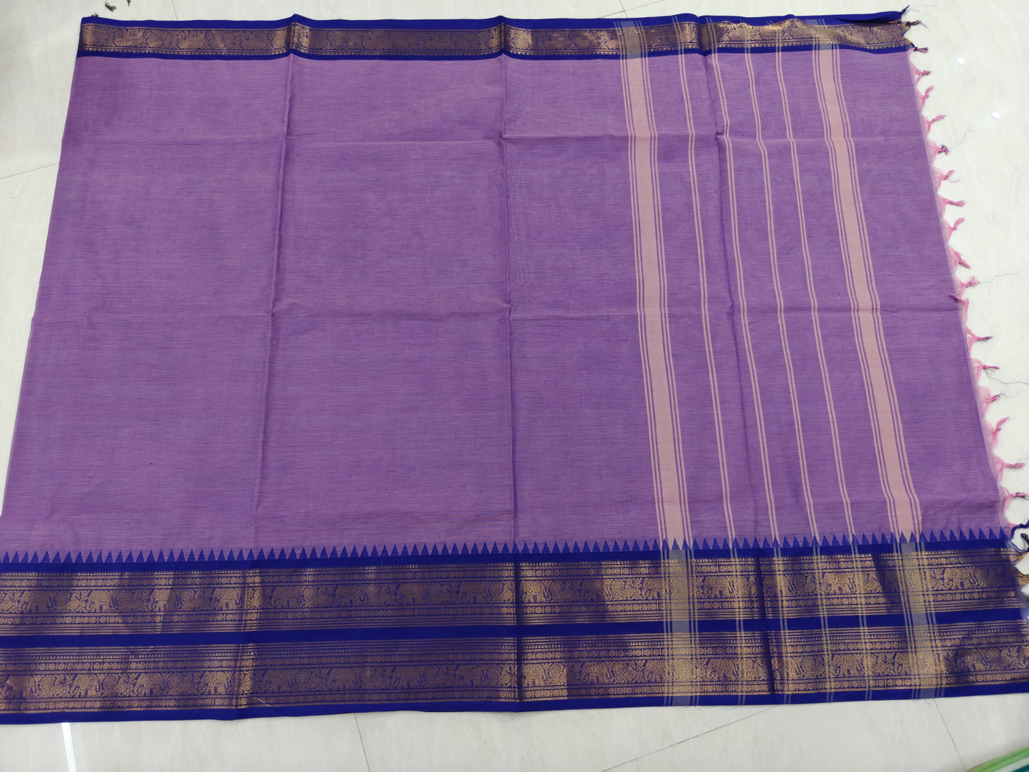 Pure Kanchi Cotton Lavender Saree with Blue Elephant Zari Border