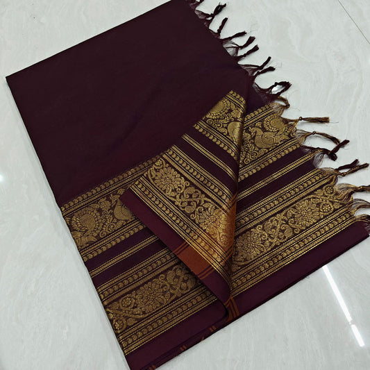 Premium Kanchi Pure Cotton Brown Saree with Gold Peacock Zari Border