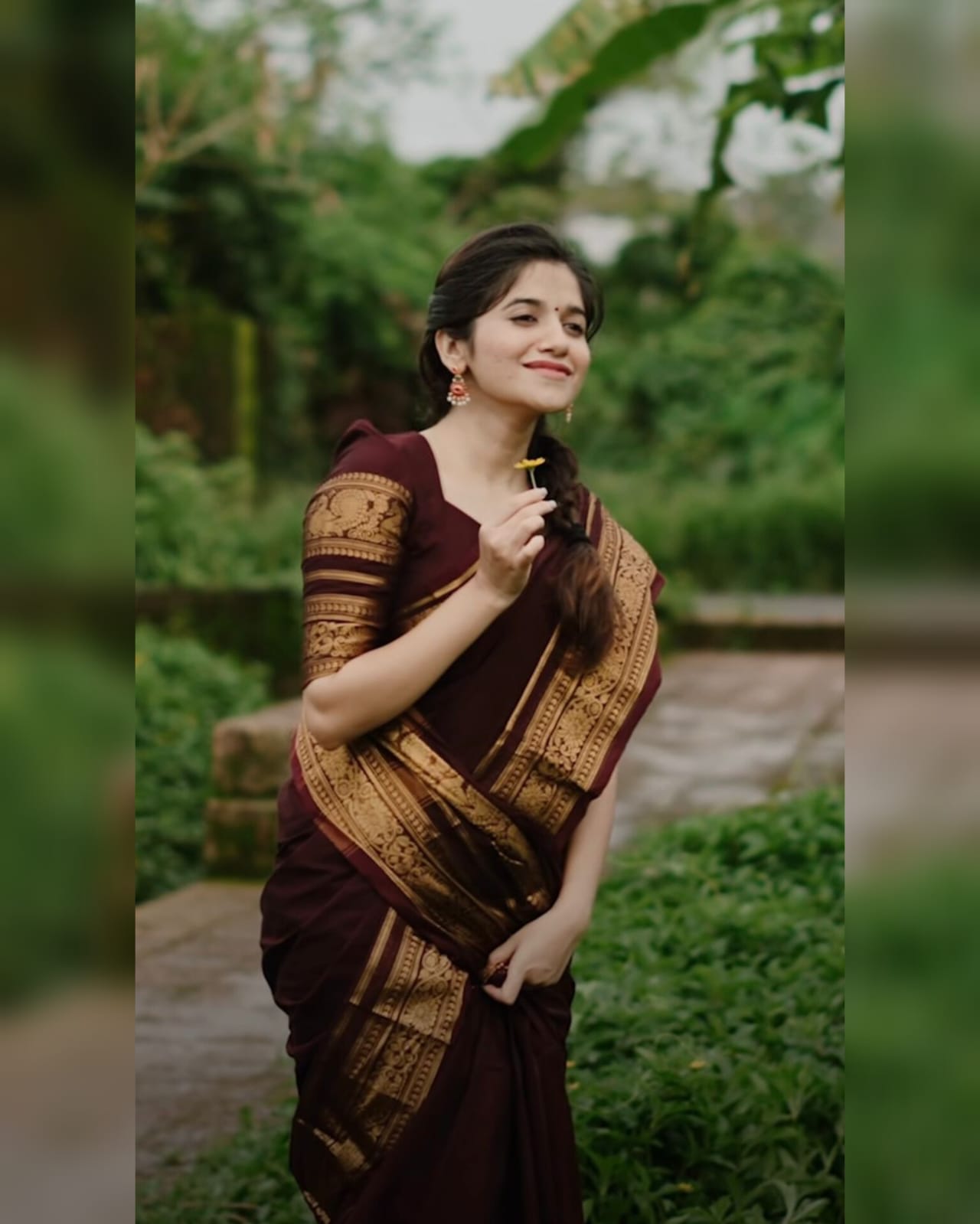 Premium Kanchi Pure Cotton Brown Saree with Gold Peacock Zari Border