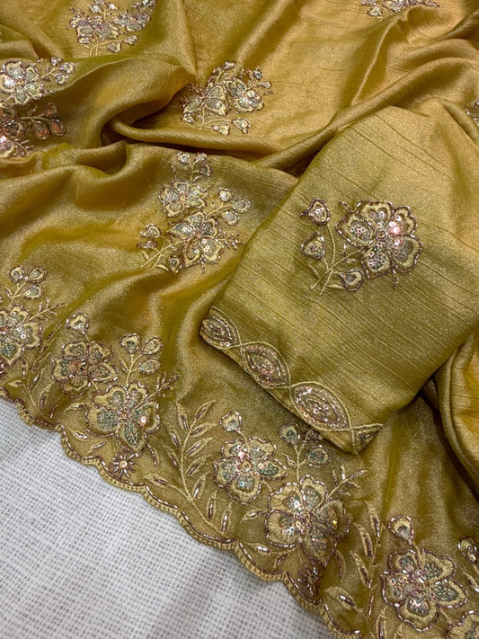 Mariya Meeri Gold Saree with Sequins Beads Embroidery