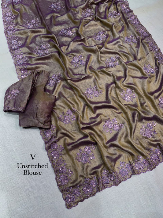 Mariya Mauve Taupe Meeri Gold Saree with Sequins Beads Embroidery