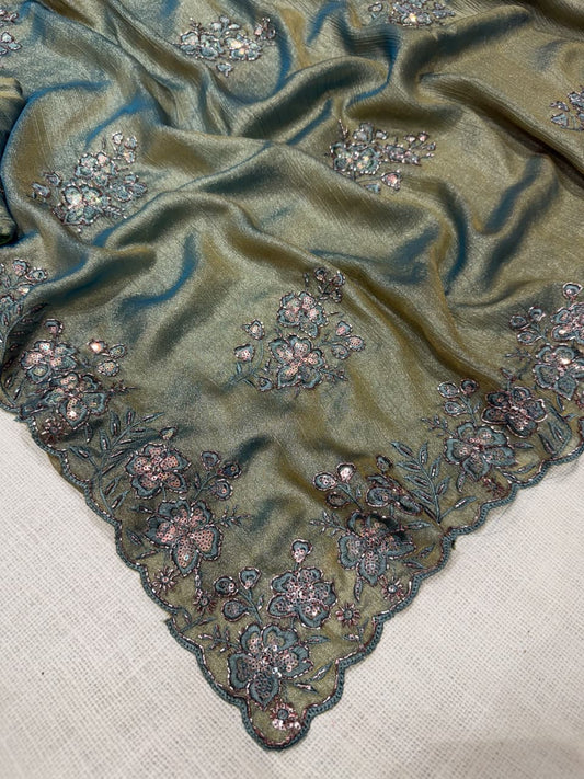 Mariya Sage Green Meeri Gold Saree with Sequins Beads Embroidery
