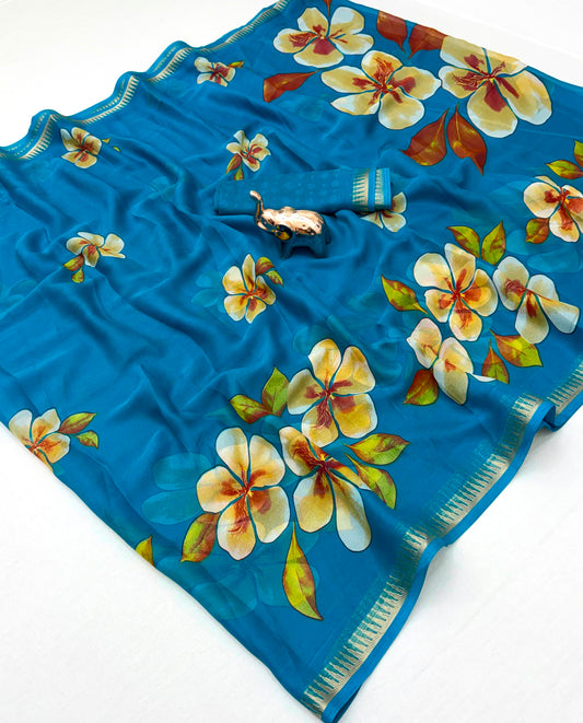 Sky Blue Marshmallow 3D Floral Print Saree