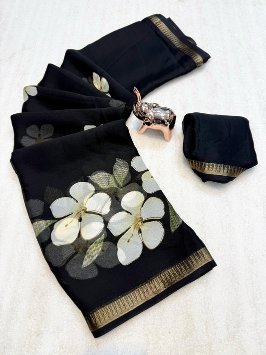 Black Marshmallow 3D Floral Print Saree