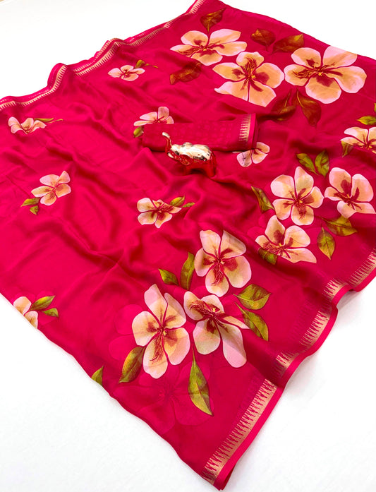Rani Pink Marshmallow 3D Floral Print Saree