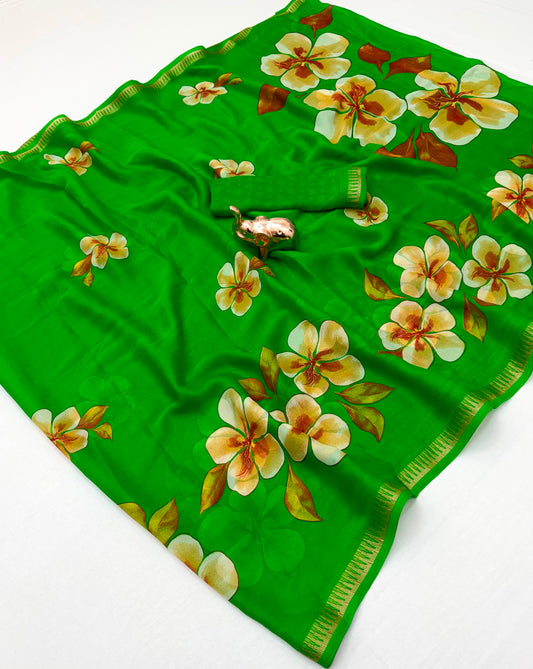 Parrot Green Marshmallow 3D Floral Print Saree