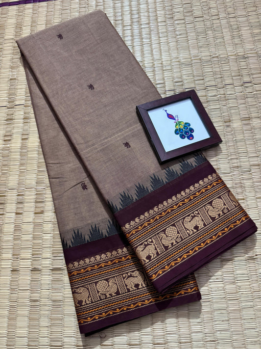 Chandrika Mist Kanchi Cotton Saree with Heritage Peacock Border