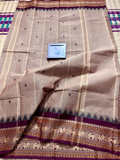 Chandrika Mist Kanchi Cotton Saree with Heritage Peacock Border