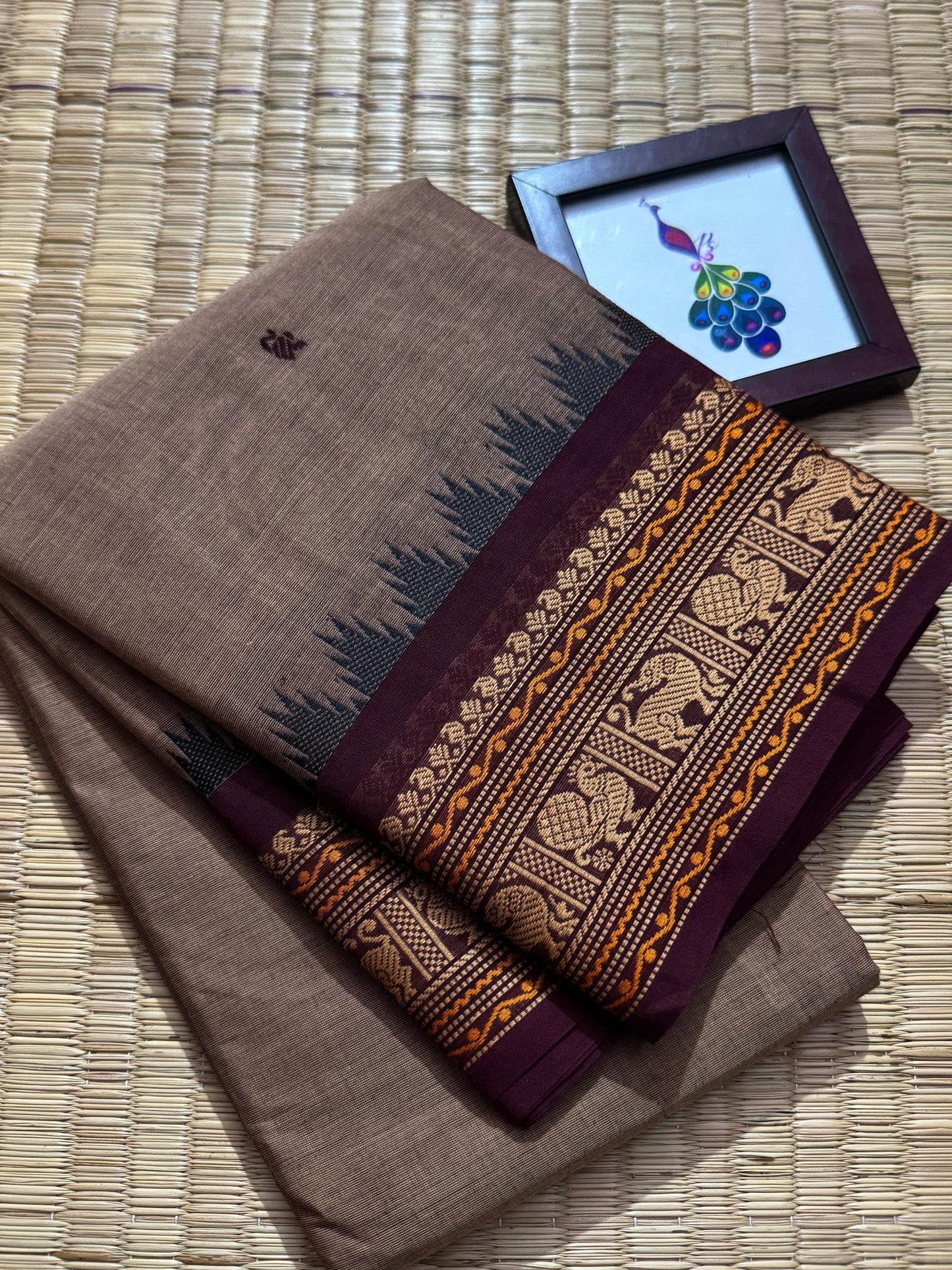 Chandrika Mist Kanchi Cotton Saree with Heritage Peacock Border