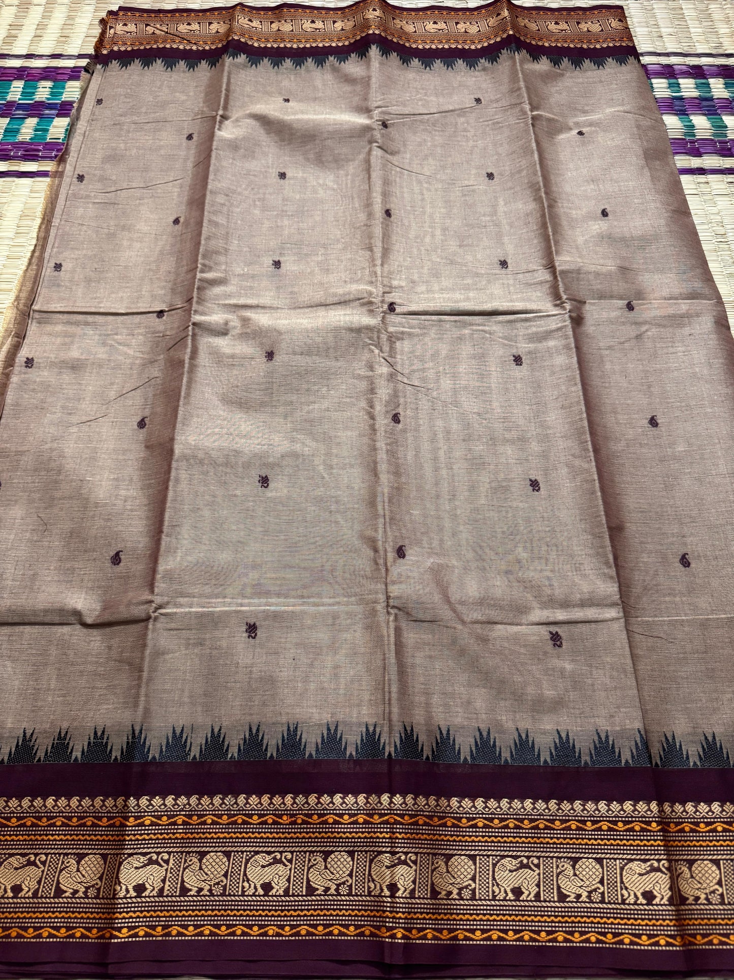 Chandrika Mist Kanchi Cotton Saree with Heritage Peacock Border