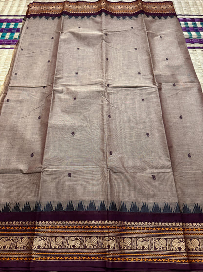 Chandrika Mist Kanchi Cotton Saree with Heritage Peacock Border