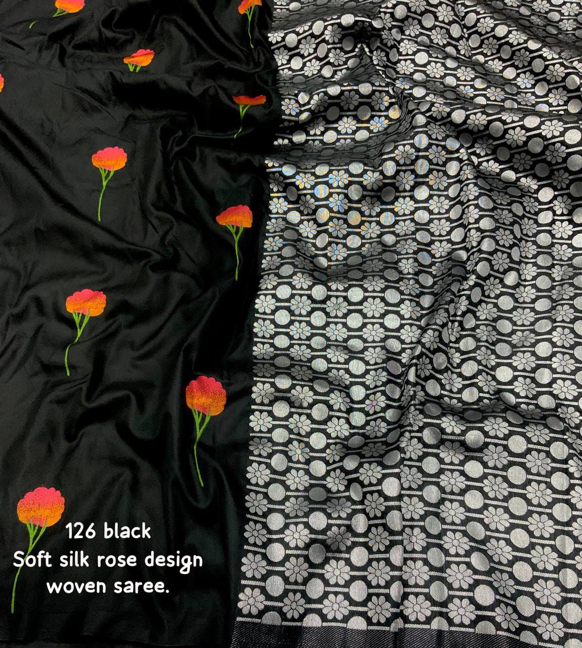 Midnight Rose Soft Silk Saree with Silver Zari Pallu & Woven Floral Design