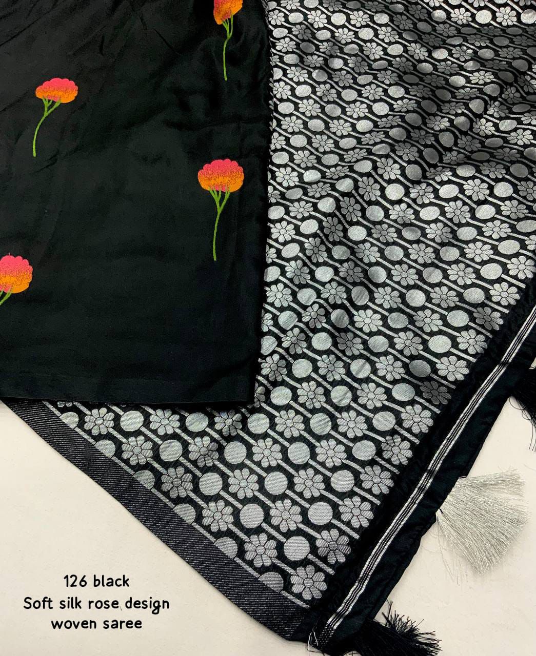 Midnight Rose Soft Silk Saree with Silver Zari Pallu & Woven Floral Design