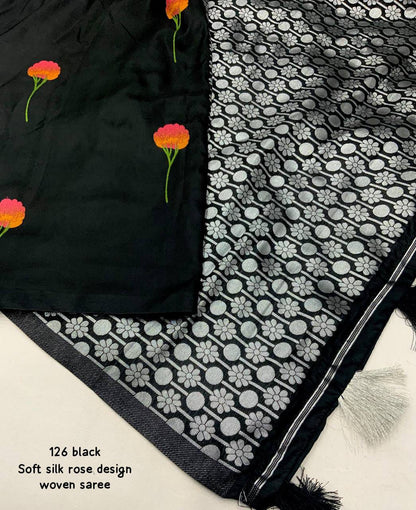 Midnight Rose Soft Silk Saree with Silver Zari Pallu & Woven Floral Design