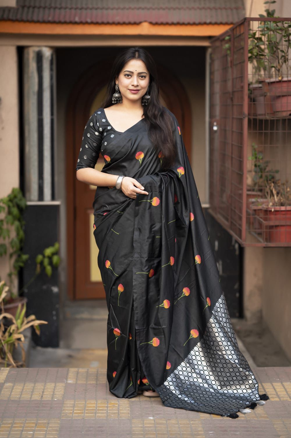 Midnight Rose Soft Silk Saree with Silver Zari Pallu & Woven Floral Design