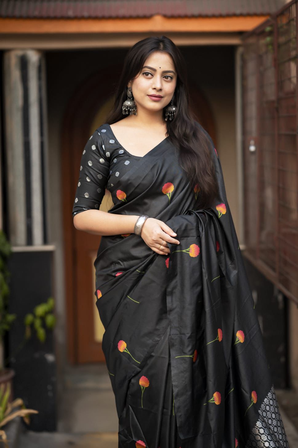 Midnight Rose Soft Silk Saree with Silver Zari Pallu & Woven Floral Design