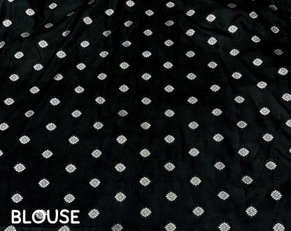Midnight Rose Soft Silk Saree with Silver Zari Pallu & Woven Floral Design