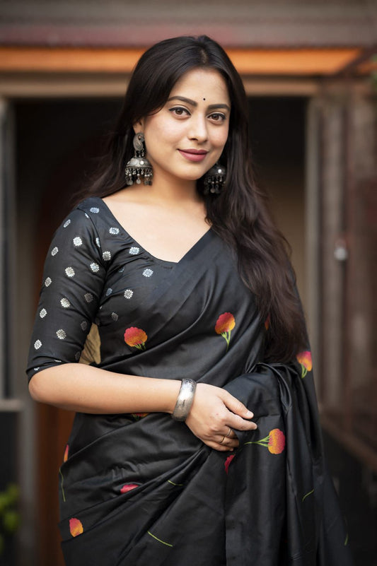 Midnight Rose Soft Silk Saree with Silver Zari Pallu & Woven Floral Design
