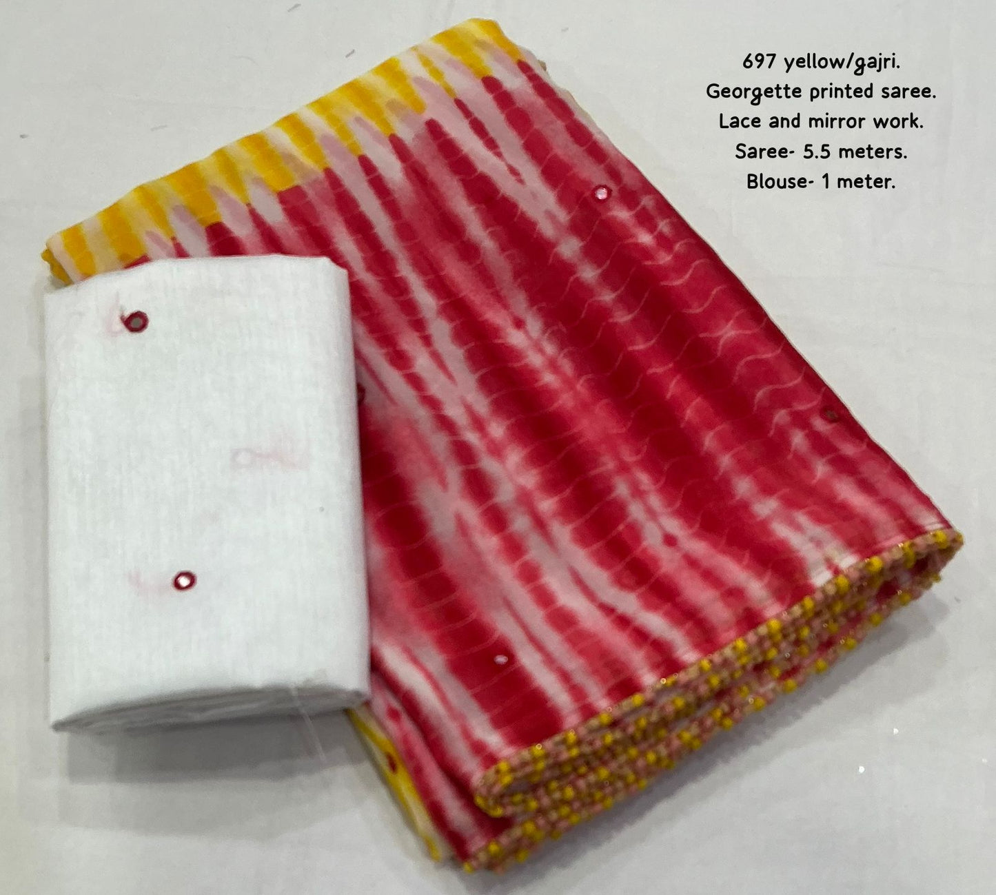 Sunset Shibori Georgette Saree with Aari Mirror Work & Contrast White Blouse