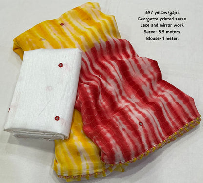 Sunset Shibori Georgette Saree with Aari Mirror Work & Contrast White Blouse