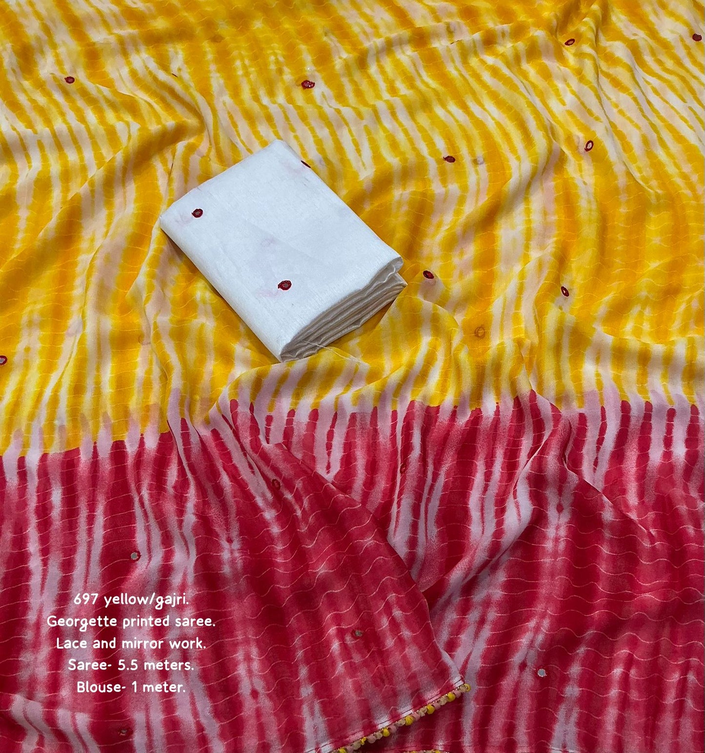 Sunset Shibori Georgette Saree with Aari Mirror Work & Contrast White Blouse