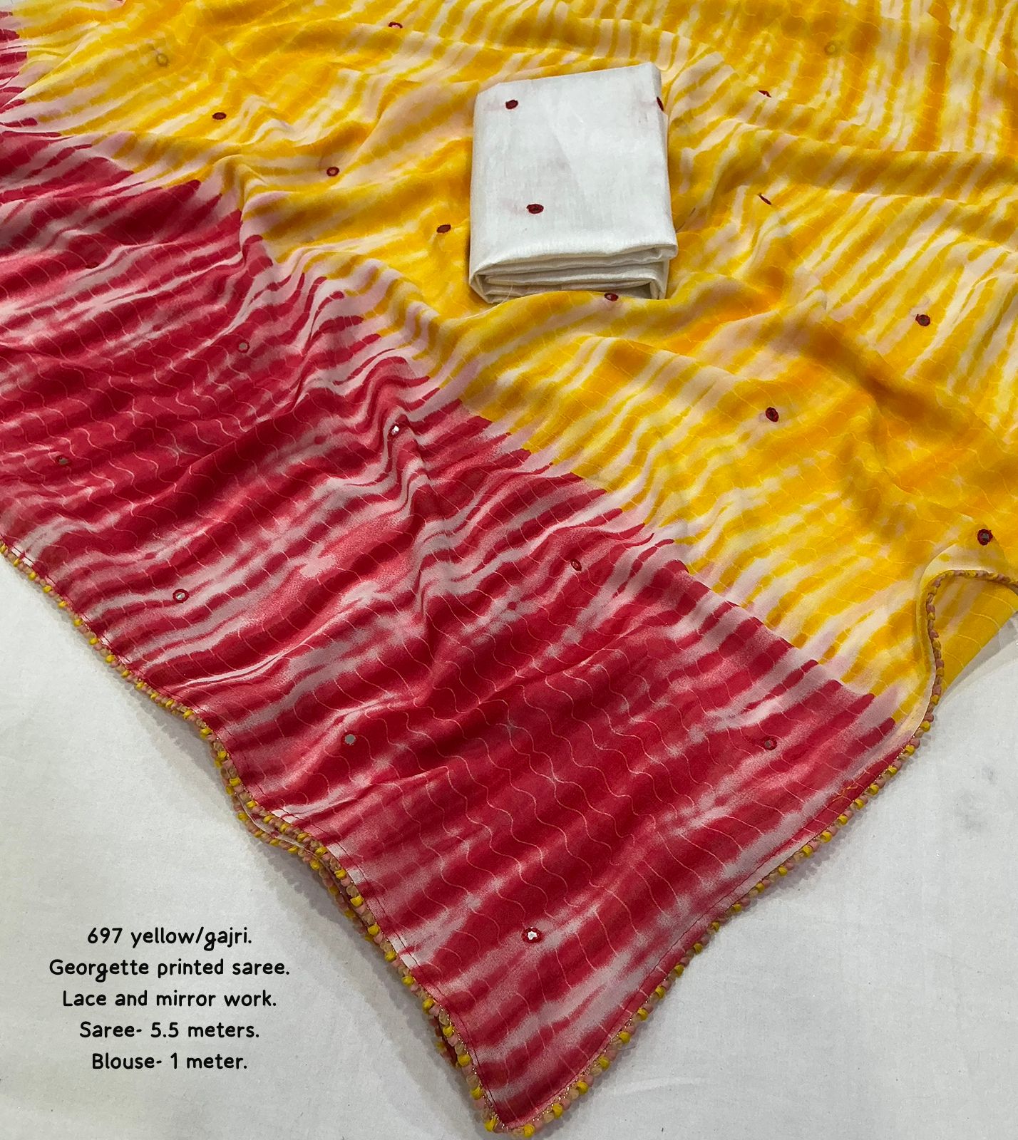 Sunset Shibori Georgette Saree with Aari Mirror Work & Contrast White Blouse
