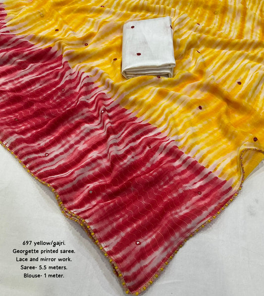 Sunset Shibori Georgette Saree with Aari Mirror Work & Contrast White Blouse