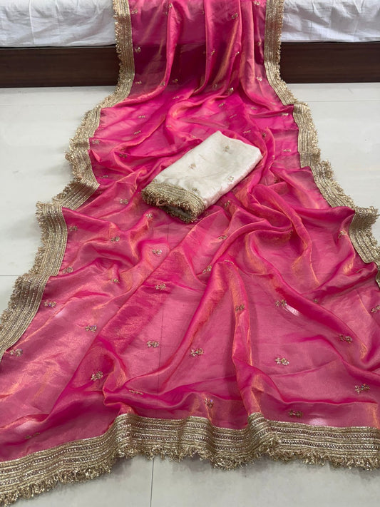 Blush Pink Space Silk Saree with Multi Sequin Work & Elegant Golden Border