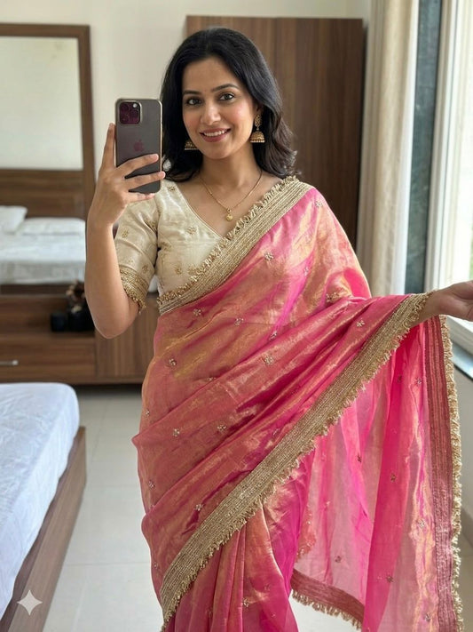 Blush Pink Space Silk Saree with Multi Sequin Work & Elegant Golden Border