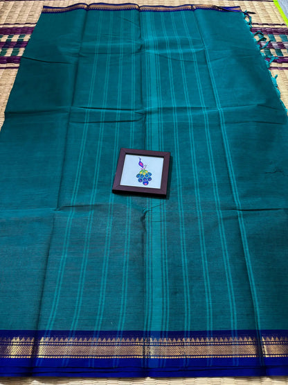 Peacock Blue Elegant Kanchi Cotton Saree with Rich Zari Border & Tassel Pallu