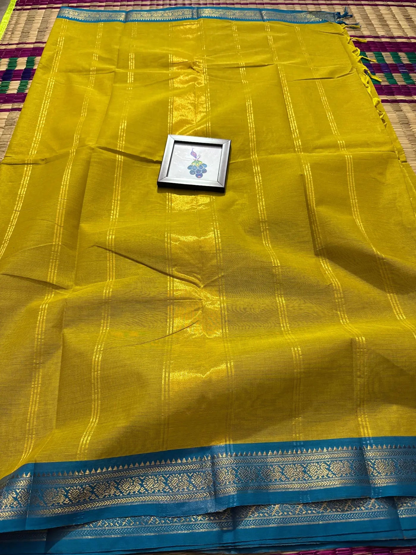 Yellow Elegant Kanchi Cotton Saree with Blue Rich Zari Border & Tassel Pallu