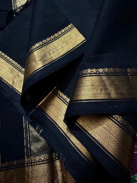 Black Elegant Kanchi Cotton Saree with Rich Zari Border & Tassel Pallu