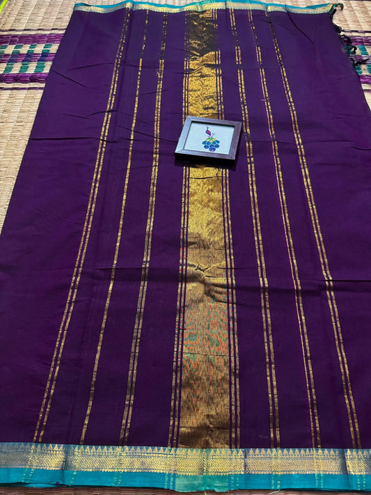 Royal Purple Elegant Kanchi Cotton Saree with Rich Zari Border & Tassel Pallu