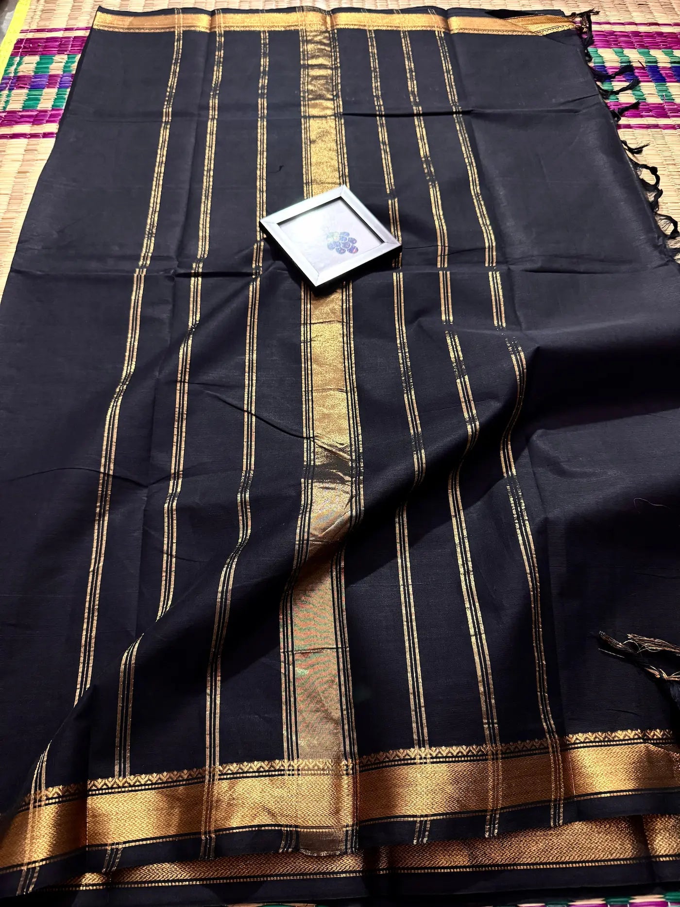 Black Elegant Kanchi Cotton Saree with Rich Zari Border & Tassel Pallu