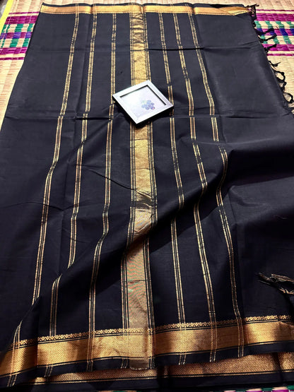 Black Elegant Kanchi Cotton Saree with Rich Zari Border & Tassel Pallu